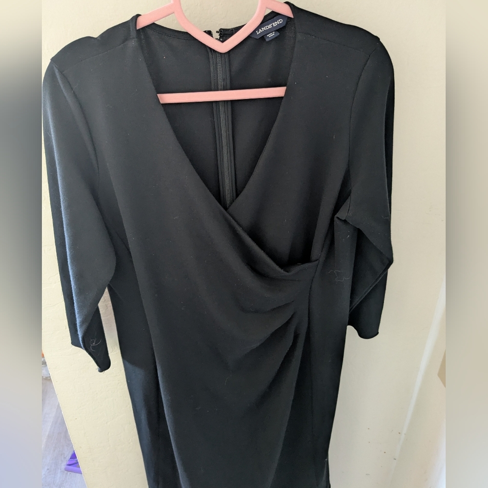 Lands’ End Black Draped Faux Wrap Sheath Dress Women’s Size 12 P